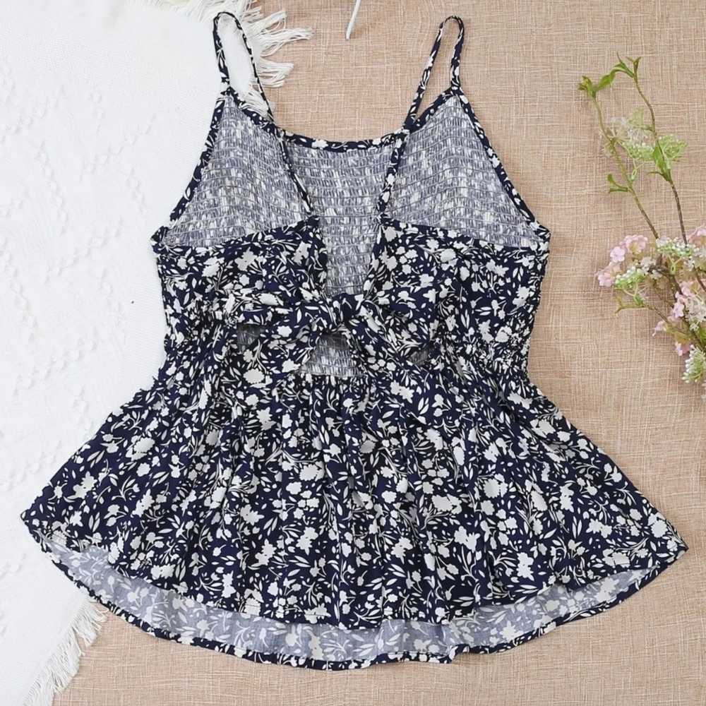 Floral Print Navy and White Women's Spaghetti Strap Scrunch/Flowy Top #MP - Picture 2 of 8